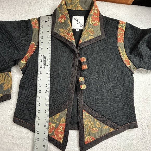 XIAO Womens Textured Black Patchwork Floral Jacket Small Toggle Button Art Wear - Picture 13 of 15